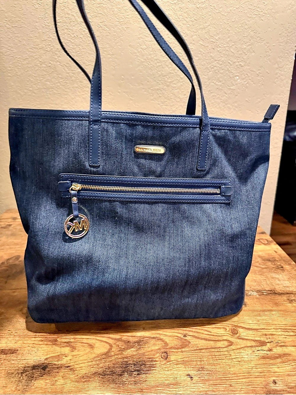 Michael Kors Winston Medium Denim Top Zip Pocket Tote Blue
